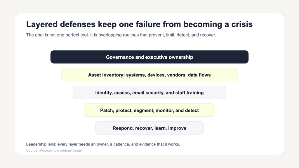 Layered model showing healthcare cybersecurity controls from executive governance and asset inventory through identity security, monitoring, incident response, and recovery