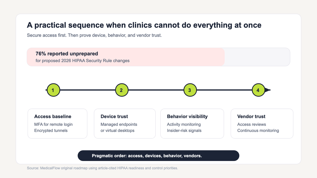 Roadmap showing a phased approach to remote healthcare security readiness, beginning with MFA and encrypted access before adding endpoint control, monitoring, and vendor oversight